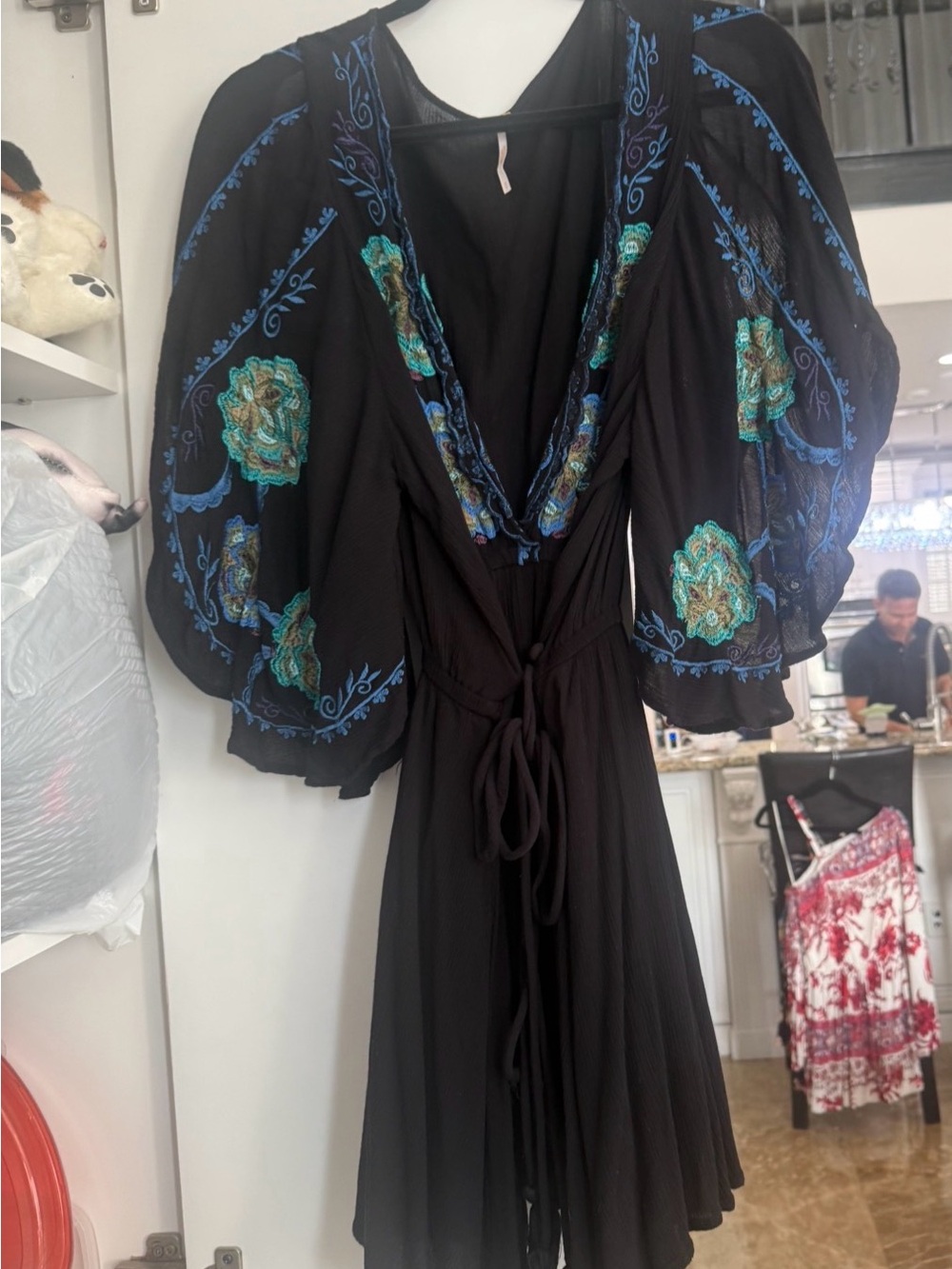 Free people Embroidered Black V-Neck Wrap Tunic with Blue & Teal Accents